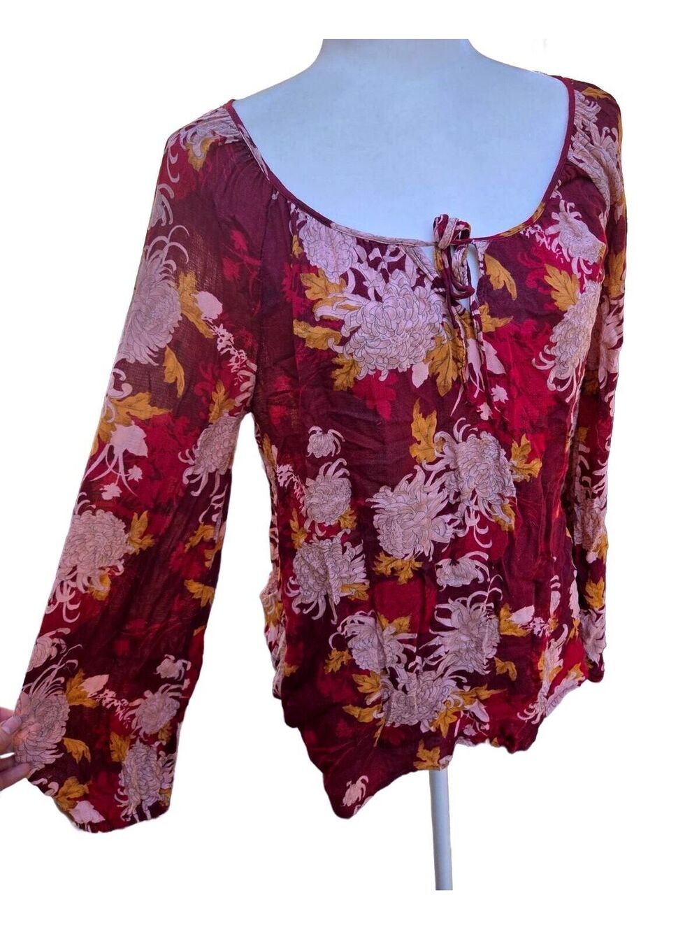 Lucky Brand Red Floral Boho Peasant Top Bell Sleeve Coastal Whimsy Indie L